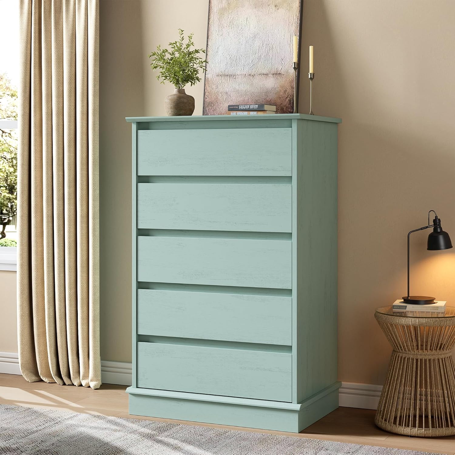 5 Drawer Dressers for Bedroom, Chest of Drawers with Deep Drawers, Large Double Dresser for Closet with Wide Top, Tall Wooden Dresser for Living Room, Hallway, Kids Room, Green