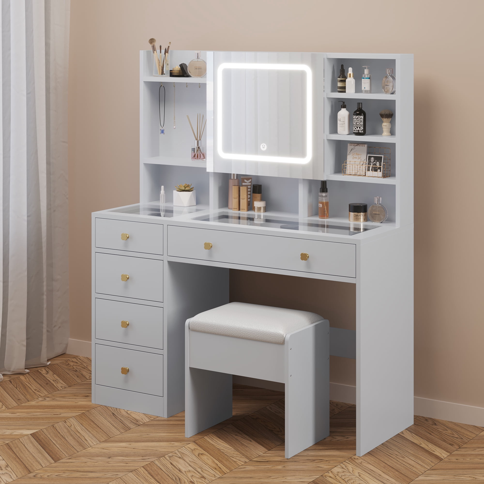 5-Drawer Dressing Table Set with Shelves and Hooks Dressing Table with Power Strip LED Three-Tone Mirror and Tempered Glass Desktop Vanity Set with Textured Melamine Finish 47.24*15.75*53.54in White
