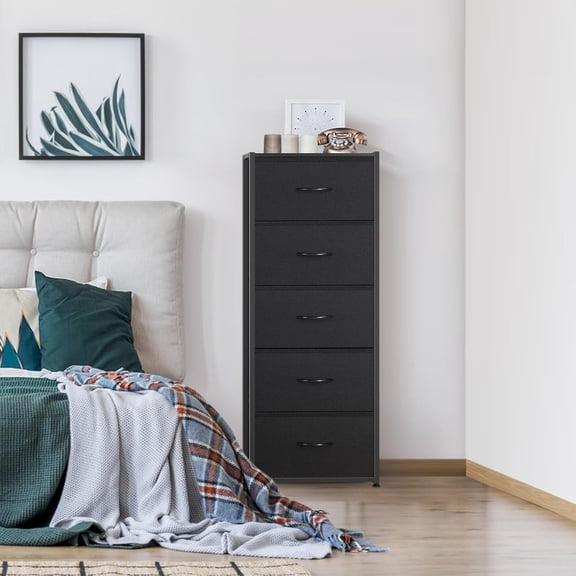 5-Drawer Fabric Dresser Tower, Tall Black Storage Organizer with Wood Top for Bedroom, Closet, Living Room