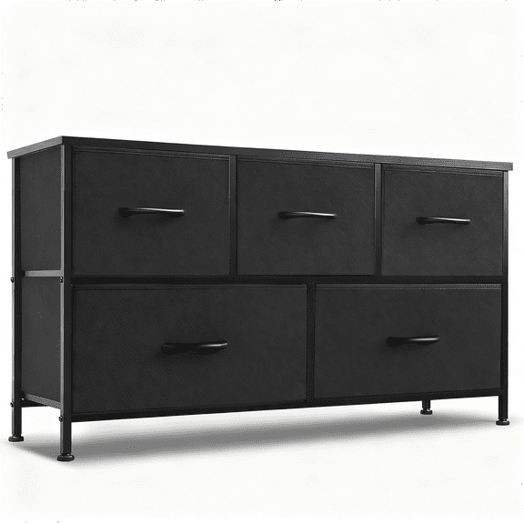 5-Drawer Fabric Dresser with Wood Top - Compact Storage Cabinet for Bedroom and Living Room, Black