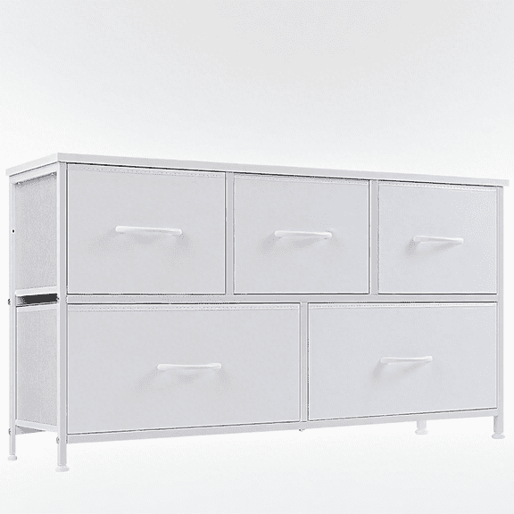5-Drawer Fabric Dresser with Wood Top - Compact Storage Cabinet for Bedroom and Living Room, White