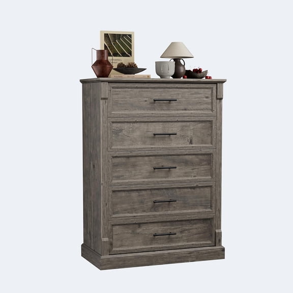 5 Drawer Farmhouse Dresser, Metal Handles, Quiet Glides, Rustic Grey Engineered Wood TV Stand