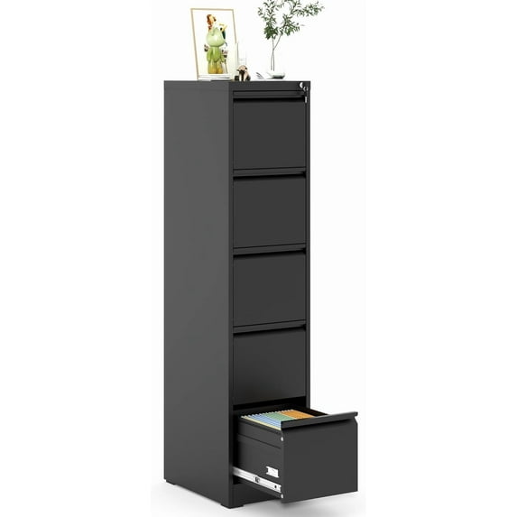 5 Drawer File Cabinet with Lock, Metal Vertical Filing Cabinet for Home Office, 64" Tall Narrow Locking Steel File Cabinets with Drawers, Storage for Legal/Letter/A4/F4, Easy Assemble (Black)
