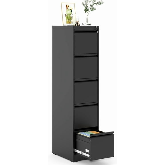 5 Drawer File Cabinet with Lock, Metal Vertical Filing Cabinet for Home Office, 64" Tall Narrow Locking Steel File Cabinets with Drawers, Storage for Legal/Letter/A4/F4, Easy Assemble (Black)