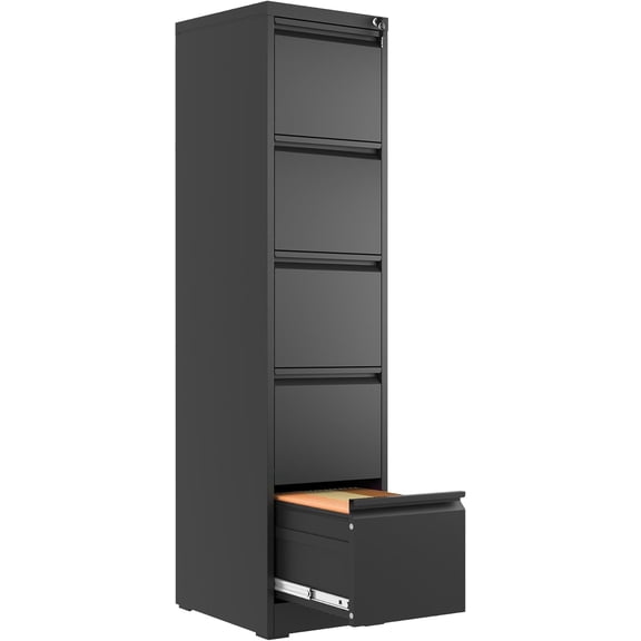 BIZOEIRON 5 Drawer Metal File Cabinet with Lock, Vertical Filing Cabinet for Hanging Legal/Letter Size Files, Black