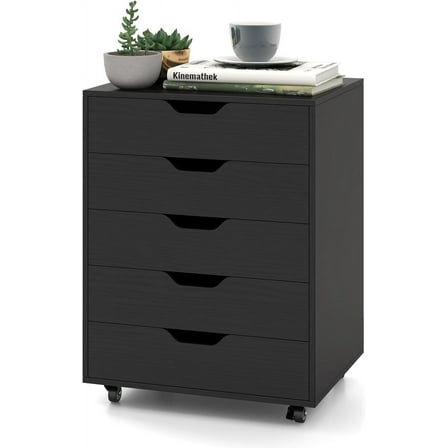 5 Drawer File Cabinet, Mobile Filing Cabinet with Universal Wheels, Office Cabinet w/ 5 Drawers, Vertical Printer Stand, Rolling Storage Cabinet, Wood File Cabinets for Home, Office (Black)