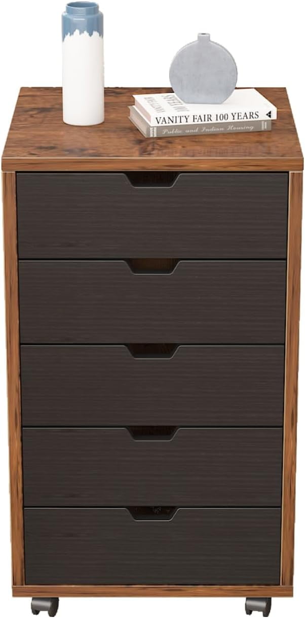 5-Drawer File Cabinet, Wooden Storage Cabinet with Wheels, Dresser Chest of Drawers, Filing Cabinets for Home Office, Rustic Brown