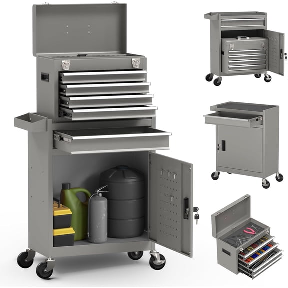 5-Drawer High Capacity Rolling Tool Box with Removable Cabinet and Lock, Detachable Tool Chest on Wheels for Garage, Workshop, Grey