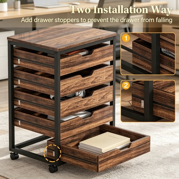 5-Drawer Industrial Dresser, Retro Wood Veneer File Cabinet with Wheels, Printer Stand for Home Office