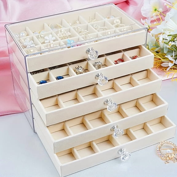 5 Drawer Jewelry Organizer Box, 90 Compartments Large Capacity Storage Case with Divided Drawers Velvet Lining, Jewelry Display Chest for Earrings Rings Necklaces Home Storage