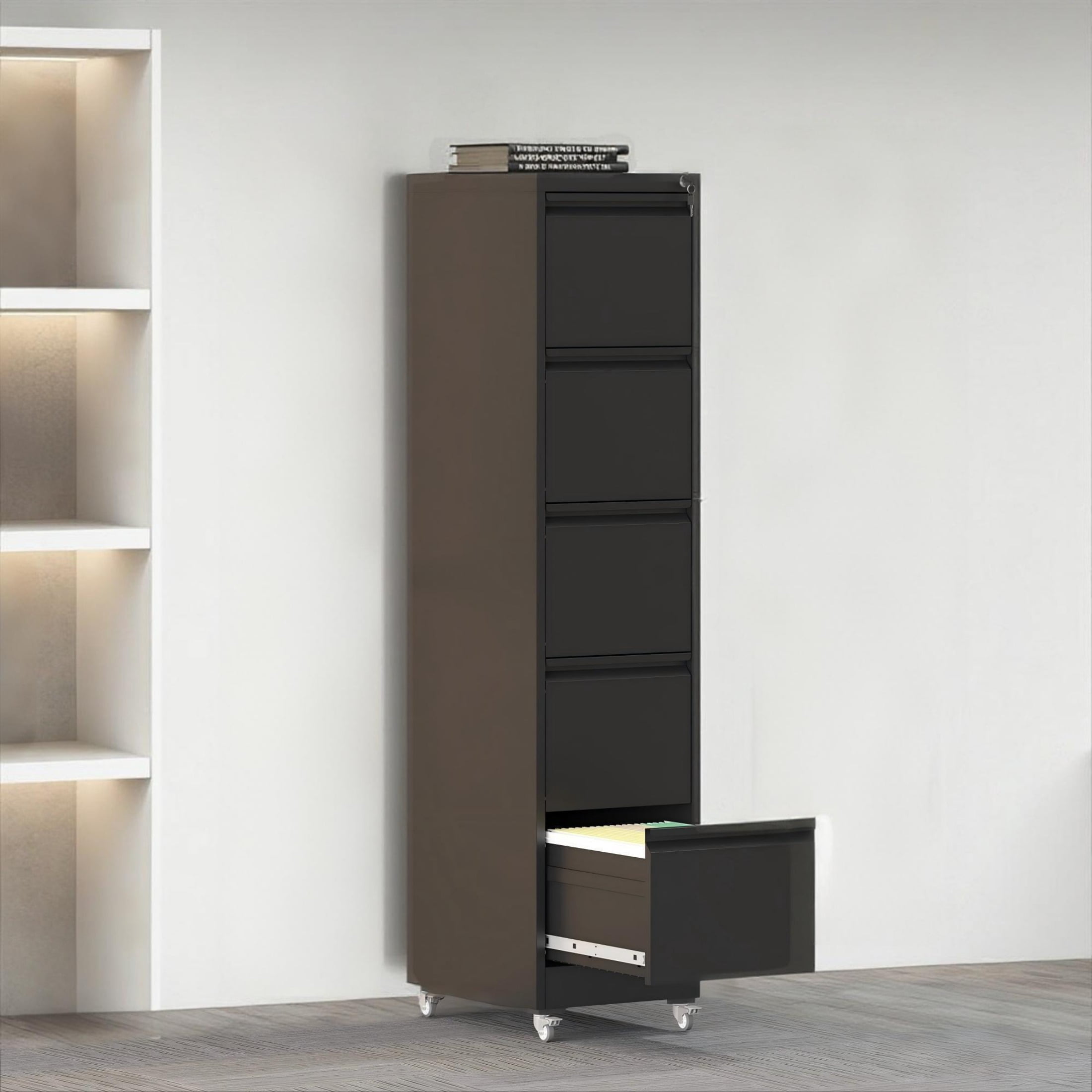 5 Drawer Letter Width Vertical File Cabinet with Lock & Wheels, Heavy Duty Metal Storage Cabinet for Home Office, Black