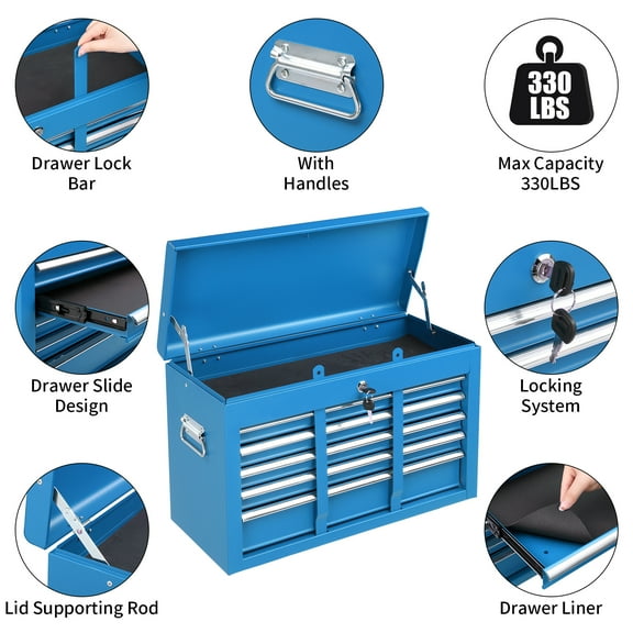 5-Drawer Lockable Steel Tool Chest, 330 lbs Capacity, Heavy-Duty Tool Storage Cabinet with Drawer Liners & Lid Support for Workshop & Garage Maintenance, Blue