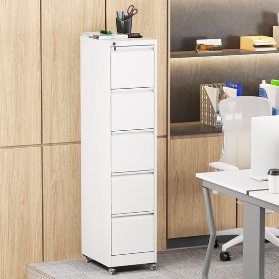 XUTUMM 5-Drawer Locking Vertical File Cabinet on Wheels - Heavy Duty Metal Storage for A4/Letter/Legal Files, White