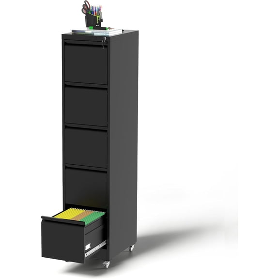 5 Drawer Mobile File Cabinet, Under Desk File Cabinet,Metal Filing Cabinets with Lock for Home Office Organizer Letter/Legal/A4,Require Assembly (Black)