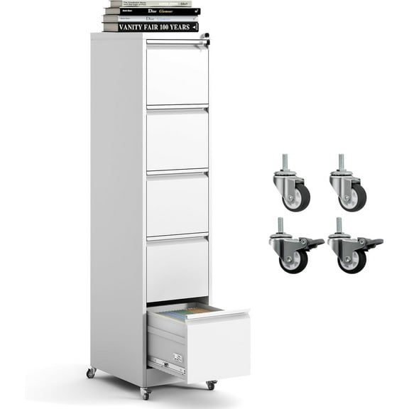 5 Drawer Mobile File Cabinet, Metal Filing Cabinet with Lock and Wheels, Home Office Rolling File Cabinets for Legal/Letter Hanging File Folders, Un-Assembled (White)