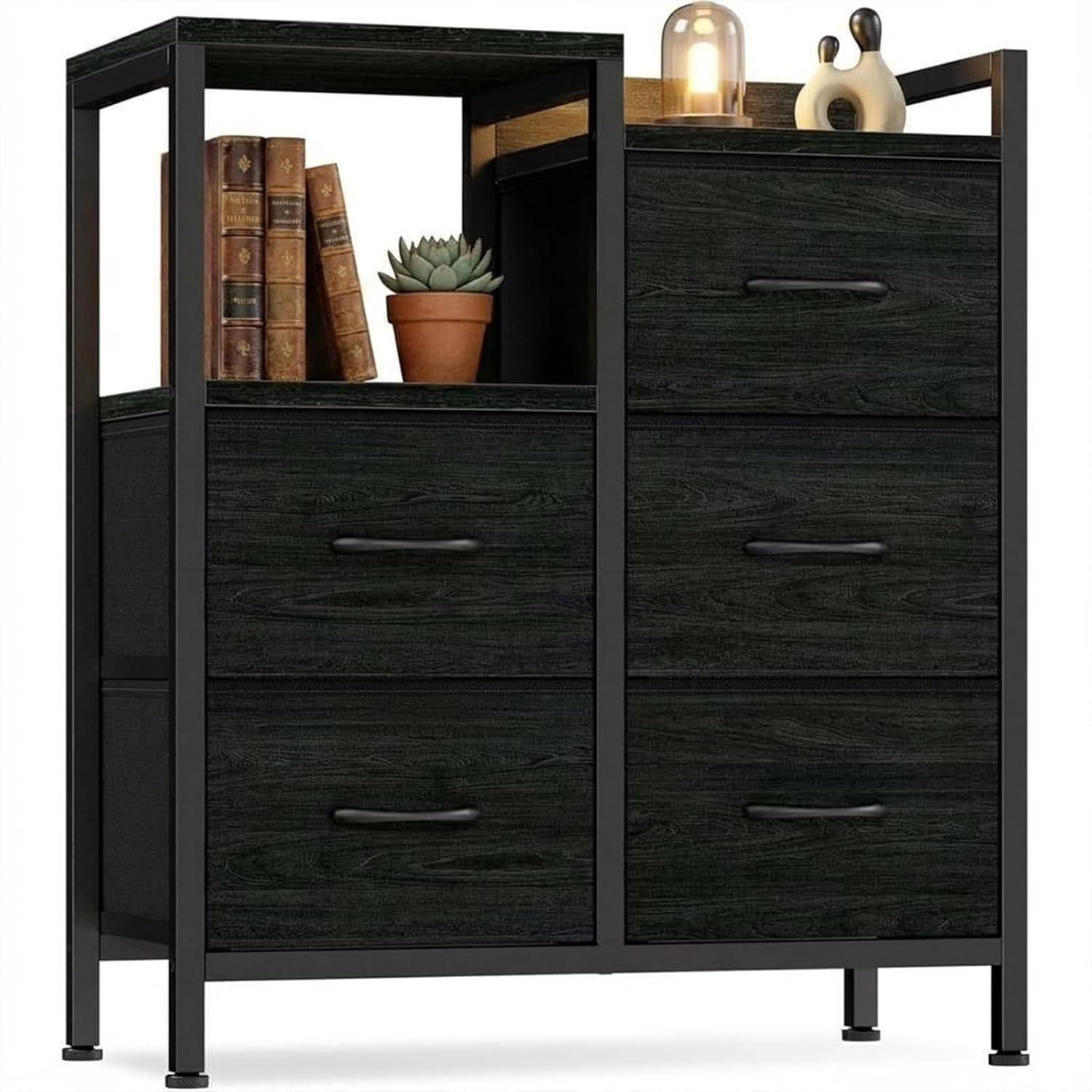 5 Drawer Mobile File Cabinet with Open Storage Shelf, Rolling Printer Stand and Fabric Lateral Filing Cabinet for Home Office, Fits A4 or Letter Size Files, Black