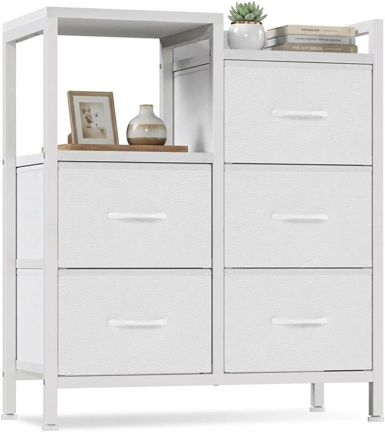 5 Drawer Mobile File Cabinet with Open Storage Shelf, Rolling Printer Stand and Fabric Lateral Filing Cabinet for Home Office, Fits A4 or Letter Size Files, White