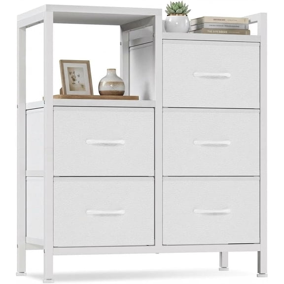 5 Drawer Mobile File Cabinet with Open Storage Shelf, Rolling Printer Stand and Fabric Lateral Filing Cabinet for Home Office, Fits A4 or Letter Size Files, White