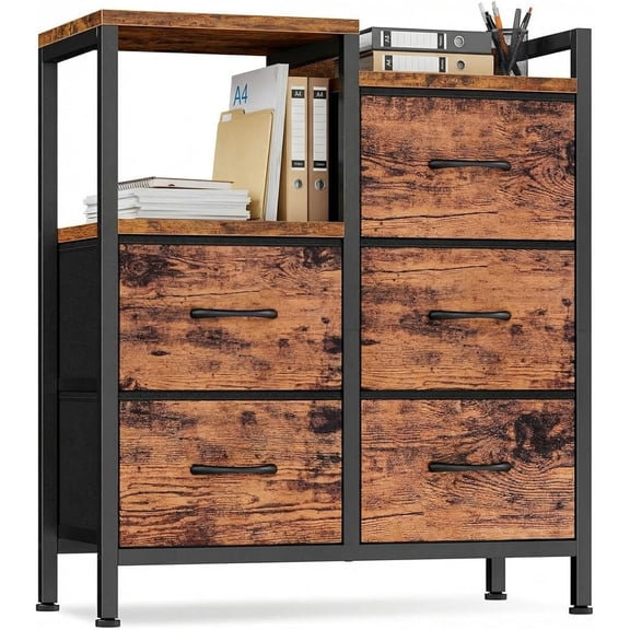 5 Drawer Mobile File Cabinet with Open Storage Shelf, Rolling Printer Stand and Fabric Lateral Filing Cabinet for Home Office, Fits A4 or Letter Size Files, Wood Color