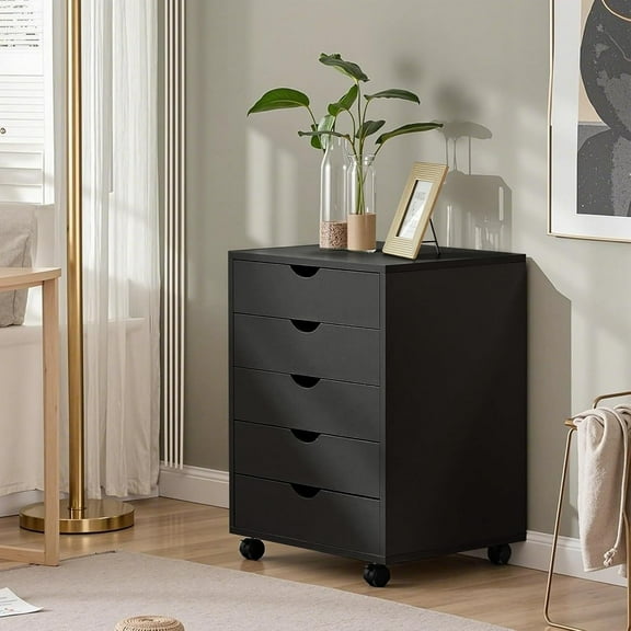 5 Drawer Mobile File Cabinet with Wheels, Under Desk Storage Organizer for Bedroom/Office/Home, Black