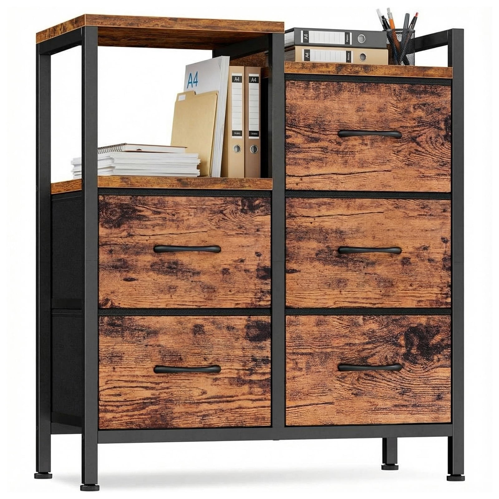 5-Drawer Mobile Lateral File Cabinet Organizer - Open Storage Shelf, Rolling Printer Stand, A4/Letter File Holder, Under Desk Office Storage, Rustic Brown