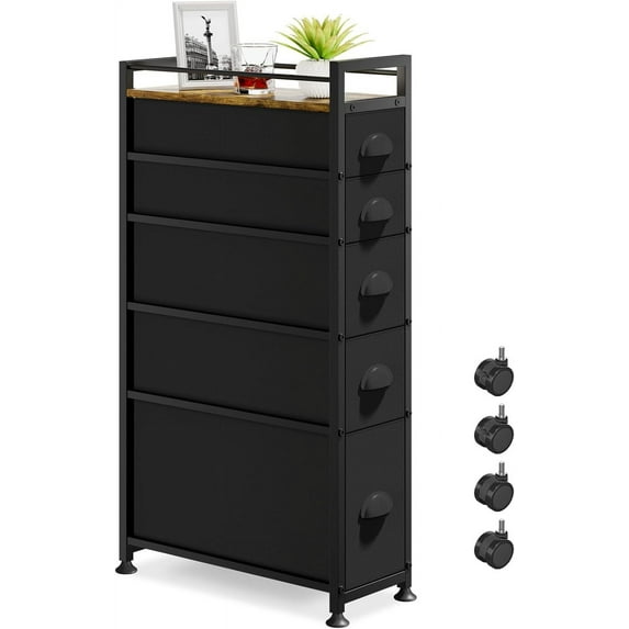 5 Drawer Narrow Dresser Slim Cabinet Skinny Storage Tower Chest, Ideal for Small Spaces Bathroom Bedroom, Between Washer and Dryer, Lightweight Mobile on Wheels, Sturdy Fabric Drawers, Black