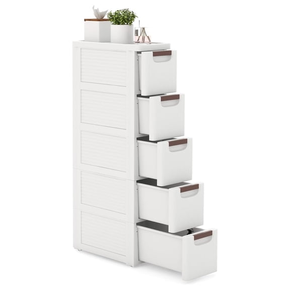 5-Drawer Narrow Storage Cabinet, Slim Rolling Cart, Mobile Plastic Cart Container with Pull Handles, Built-in Wheels