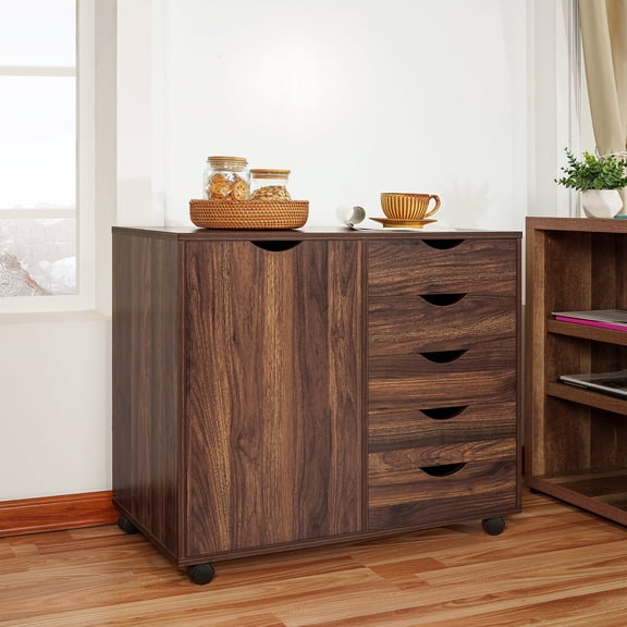 Naomi Home Amy 5-Drawer Office File Storage Cabinet with Shelves, Brown Oak, 1 Unit