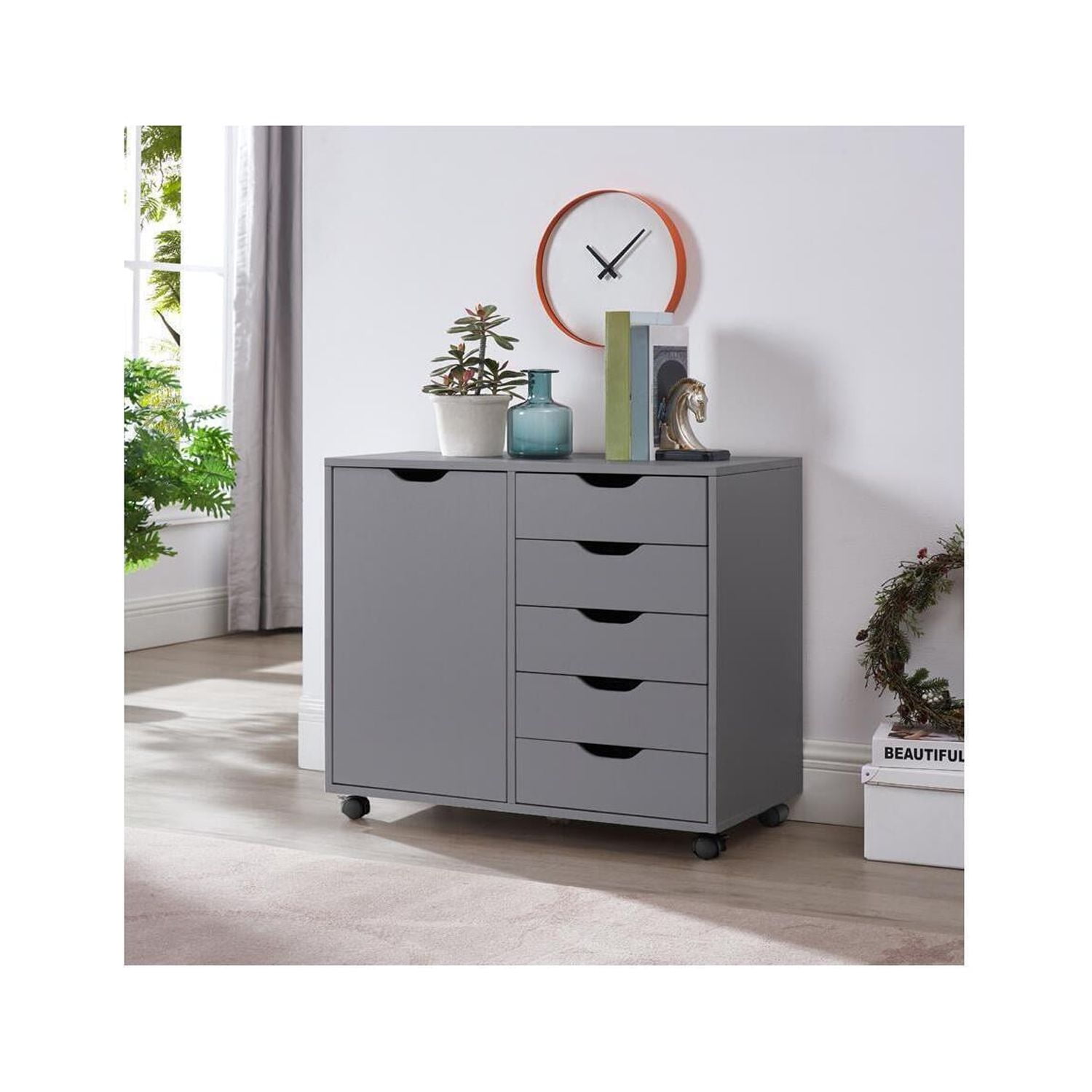 Gray Medium Wood 5-Drawer Mobile Lateral File Cabinet