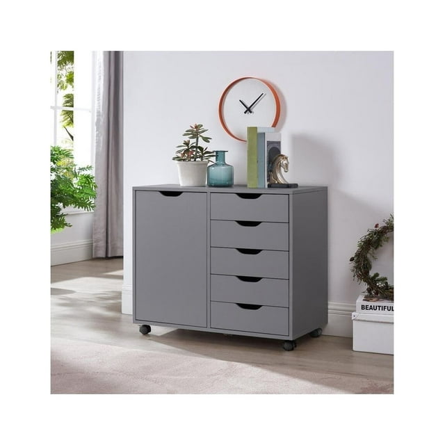 5- Drawer Office Wooden Cabinet, Lateral Filing Storage Cabinet, Verticle Mobile File Storage Cabinet with shelf Grey