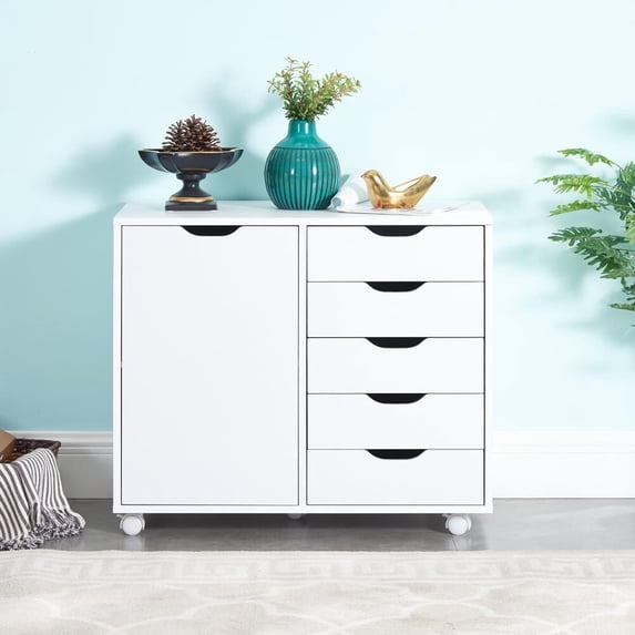 5- Drawer Office Wooden Cabinet, Lateral Filing Storage Cabinet, Verticle Mobile File Storage Cabinet with shelf White
