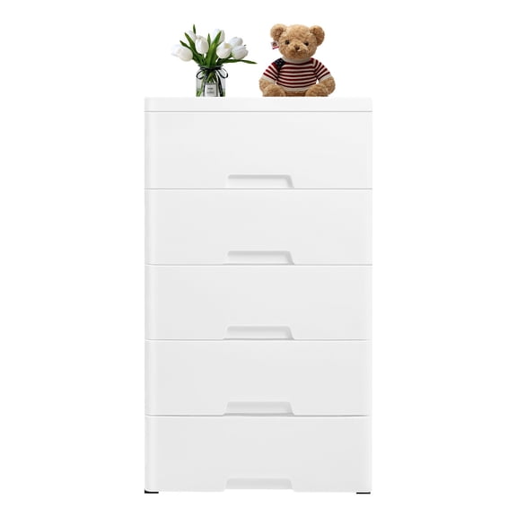 5 Drawer Plastic Storage Dresser with Casters, Stackable Vertical Clothes Storage Tower White Rolling Organizer Unit for Bedroom Closet Home