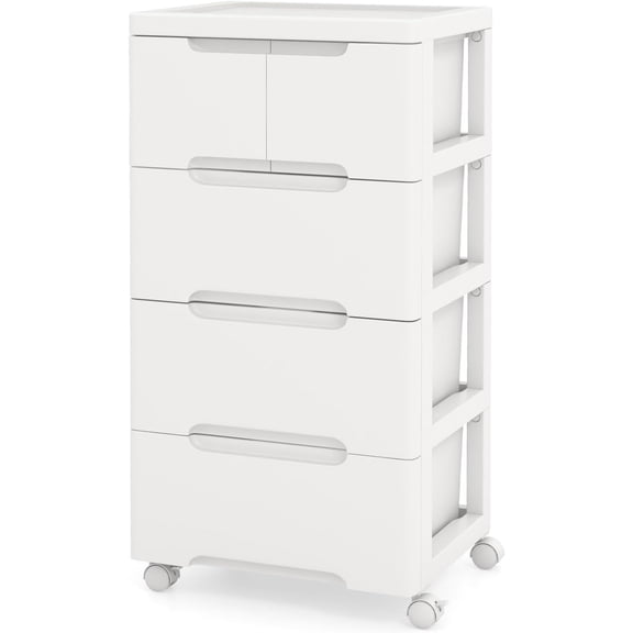 Hanyu 5-Drawer Plastic Rolling Storage Cart, Mobile Storage Cabinet with 4 Universal Wheels, Vertical Storage Tower Container Unit for Living Room, Bedroom, Home Office, White