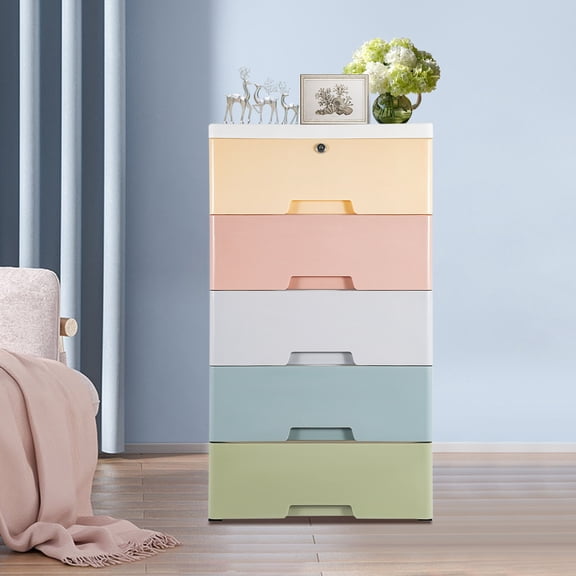 5-Drawer Plastic Storage Cabinet with Lock, 55 lbs Load Capacity Rolling Storage Dresser on Wheels, PP Narrow Organizer Tower for Bedroom Closet Bathroom Kitchen Office, White (with 2 Keys)