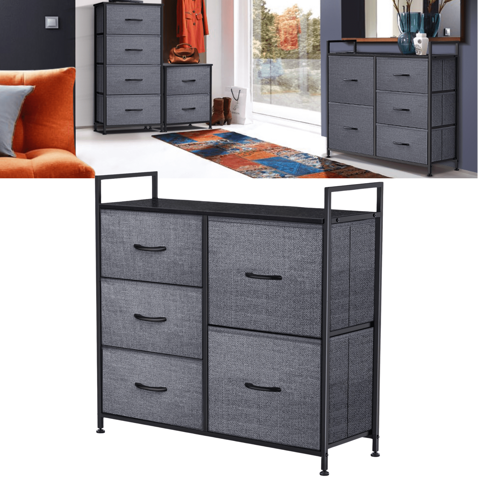 5-Drawer Plastic Storage Tower Organizer with Fabric Bins & Sturdy Metal Frame - Compact Space-Saving Design for Bedroom, Closet, Living Room