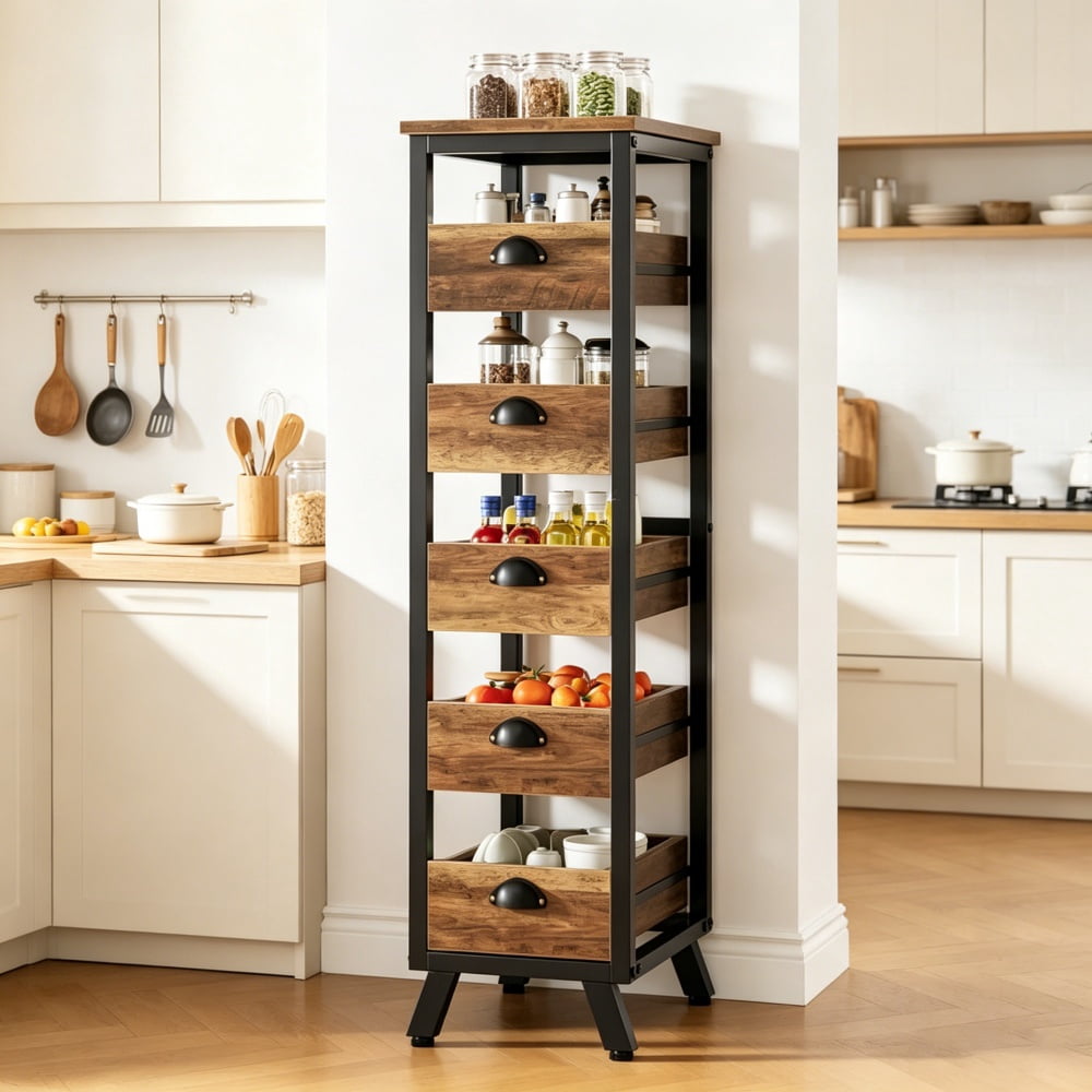 5-Drawer Pull Out Fruit Vegetable Storage Rack, MDF & Metal Produce Organizer, Each Drawer Holds 15LBS, Multipurpose Kitchen Snack Book Display Stand