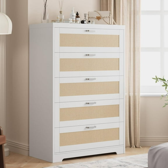 Tall Rattan Dresser with 4 Drawers, Storage Chest of Drawers for Bedroom or Living Room, Wooden Dresser