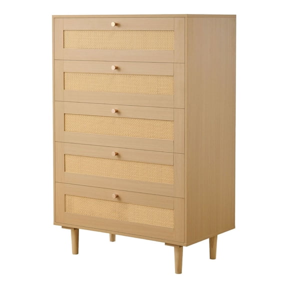 5 Drawer Rattan Dresser, Bedroom Storage Chest, Natural Wicker Dresser with Metal Handles & Wood Legs, Boho Clothes Organizer for Living Room, Entryway