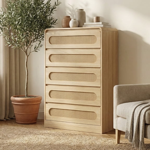 5 Drawer Rattan Dresser, Narrow Wooden Storage Chest With Metal Pull Handles