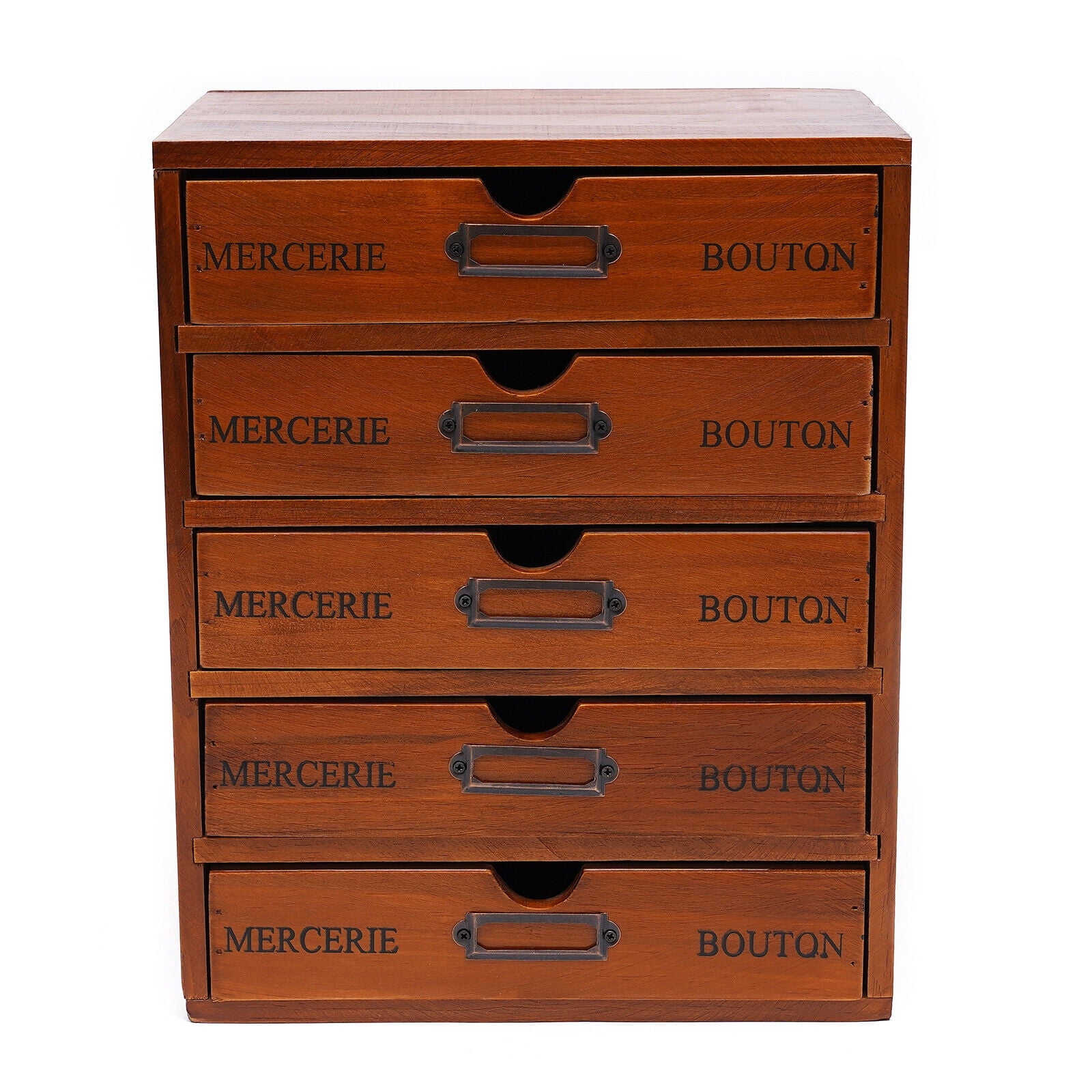 5-Drawer Retro Pine Wood Desk Organizer,Freestanding, 1.02lbs Capacity - with Label Slots & Ergonomic Handles,Ideal for Office & Home,Brown