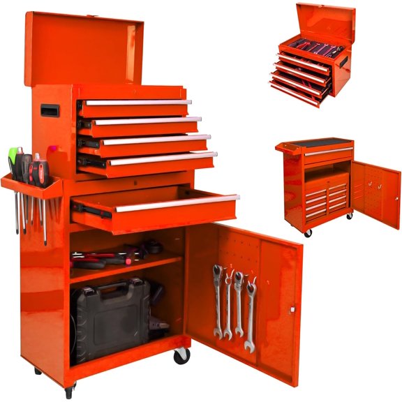 5-Drawer Rolling Tool Box Cart with Detachable Top Chest & Lock Bar, Metal Storage Organizer on Wheels for Garage, Workshop, Orange