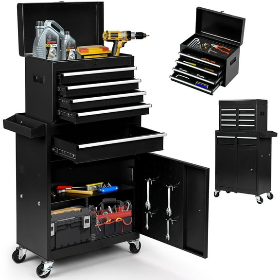 5-Drawer Rolling Tool Chest, 2-in-1 Tool Box with Wheels Metal Tool Chest Cabinet for Garage, Workshop, Black