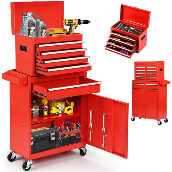 5-Drawer Rolling Tool Chest, 2-in-1 Tool Box with Wheels Metal Tool Chest Cabinet for Garage, Workshop, Red