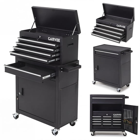 5-Drawer Rolling Tool Chest Cabinet – Heavy Duty Steel Construction – Lockable Removable Storage – Ball Bearing Drawers – Garage or Workshop Toolbox – Black – Side Armrest – 3 Inch Wheels