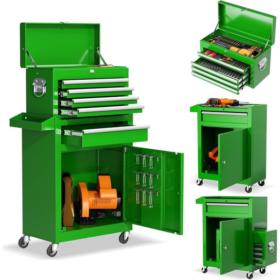 5-Drawer Rolling Tool Chest - Heavy-Duty Steel Tool Cabinet with Detachable Top Box, Locking Wheels & Security System for Garage/Workshop, 2-in-1 Design (Green)
