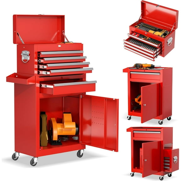 5-Drawer Rolling Tool Chest - Heavy-Duty Steel Tool Cabinet with Detachable Top Box, Locking Wheels & Security System for Garage/Workshop, 2-in-1 Design (Red)