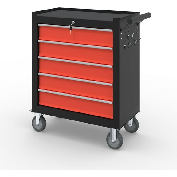 5 Drawer Rolling Tool Chest, High Capacity Steel Tool Box with Lockable Drawers and Wheels, Portable Toolbox Storage Cabinet Organizer for Garage, Warehouse, Workshop, Black&Red