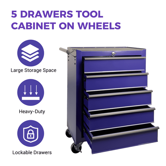 5 Drawer Rolling Tool Chest, Rolling Metal Tool Chest with Wheels and Lockable Casters, Tool Storage Cabinet for Garage, Warehouse, Workshop, Repair Shop
