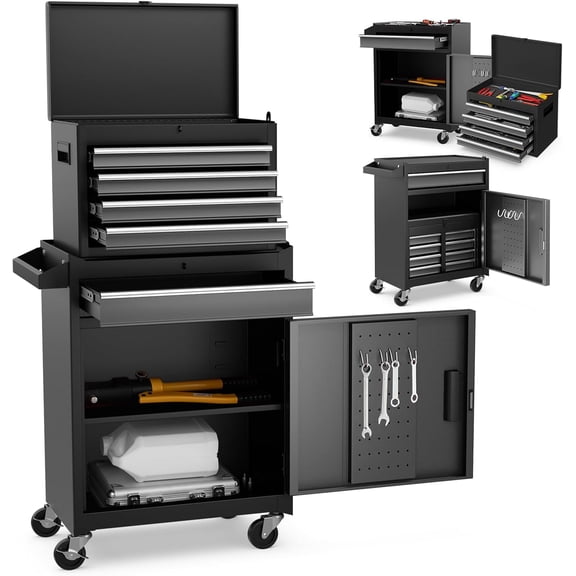 5-Drawer Rolling Tool Chest, Tool Storage Cabinet with Lockable Wheels, Adjustable Shelf & Anti-Slip Liner, Detachable Tool Box Organizer Tool Cabinet for Garage Workshop (Black & Gray)