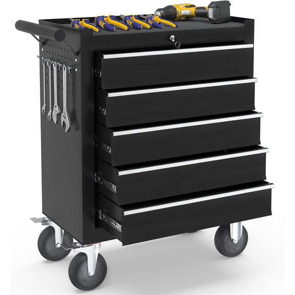 5-Drawer Rolling Tool Chest Toolbox, Rolling Tool Box with Wheels, Tool Chest with Keyed Locking System and Drawer Liners, Tool Box Organizer for Garage, Warehouse, Workshop